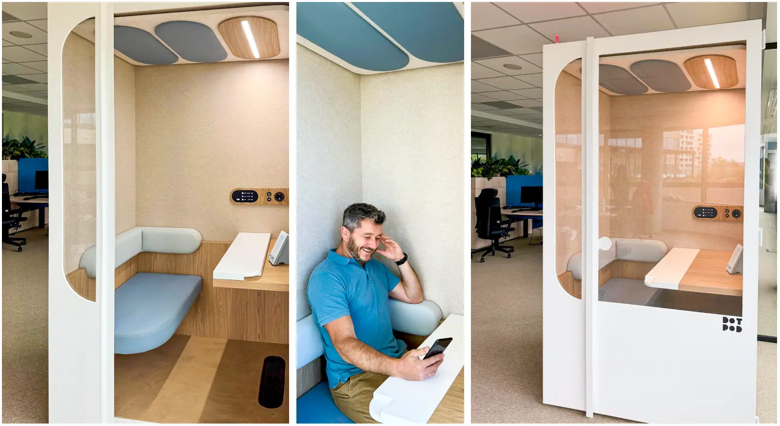 DOT Plus acoustic cabin in office — employee using the single-person mini office booth