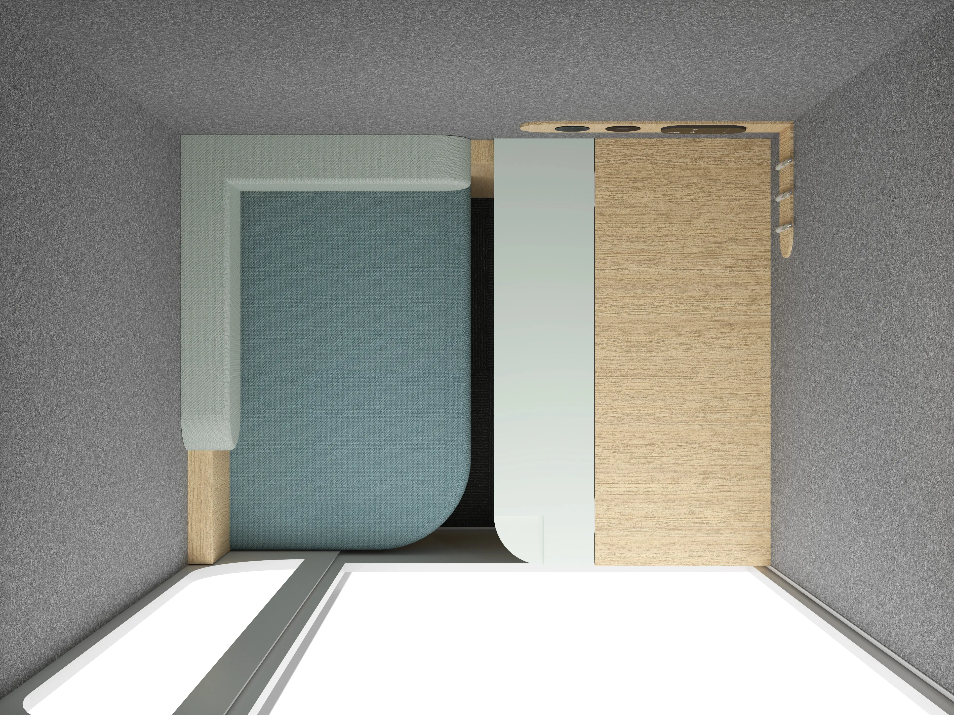 DOT Plus office booth — top view of the unfolded desk and comfortable ergonomic seat