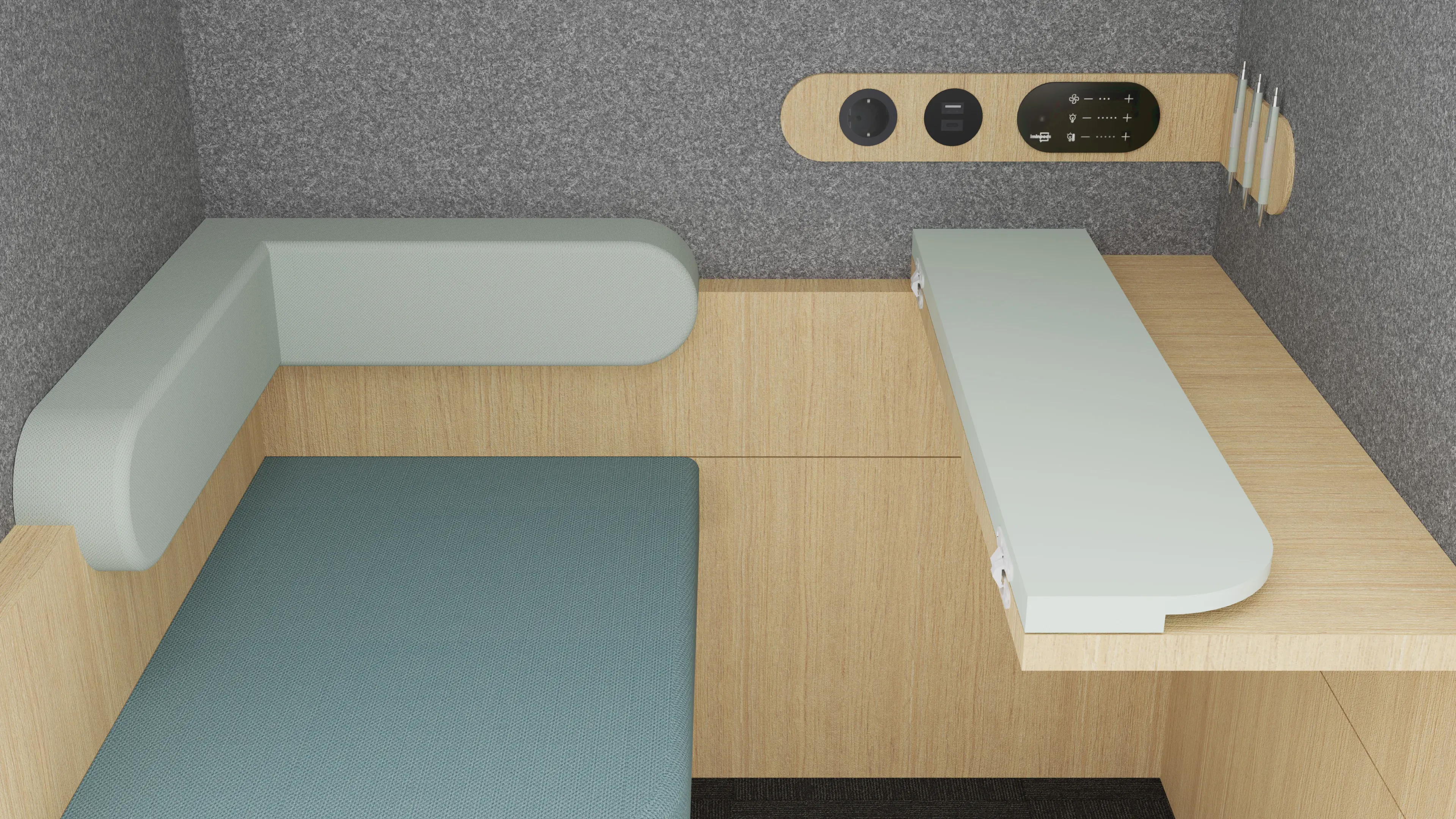 DOT Plus acoustic cabin interior — folded desk and spacious seat of the mini office