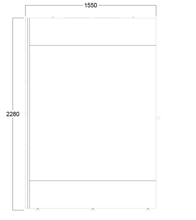 Technical drawing of L booth — side view, conference cabin depth 155 cm