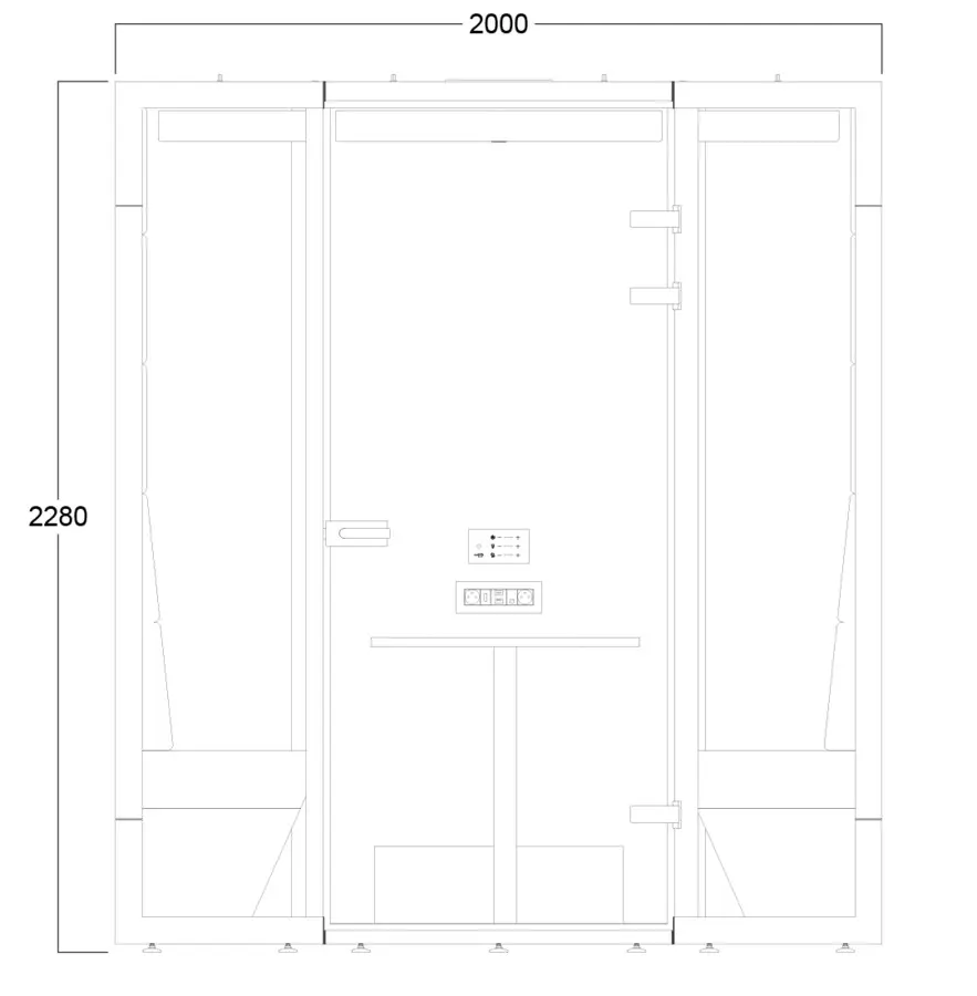 Technical drawing of L booth — front view with dimensions 200×155×225 cm for 4 people