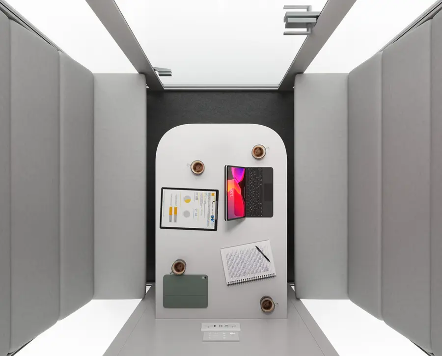 L 4-person acoustic cabin — built-in seats, table and media port in mini conference room