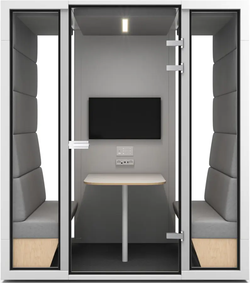 L cabin equipped with table, benches, monitor and AV connections — grey interior finish