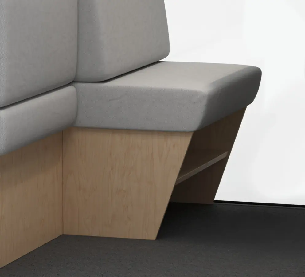 M3 cabin interior detail — seat with materials shelf and decorative plywood construction