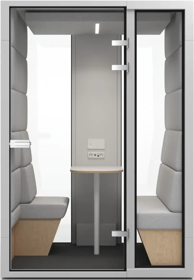 M3 3-person booth — front view with built-in seats, table, media port and light grey finish