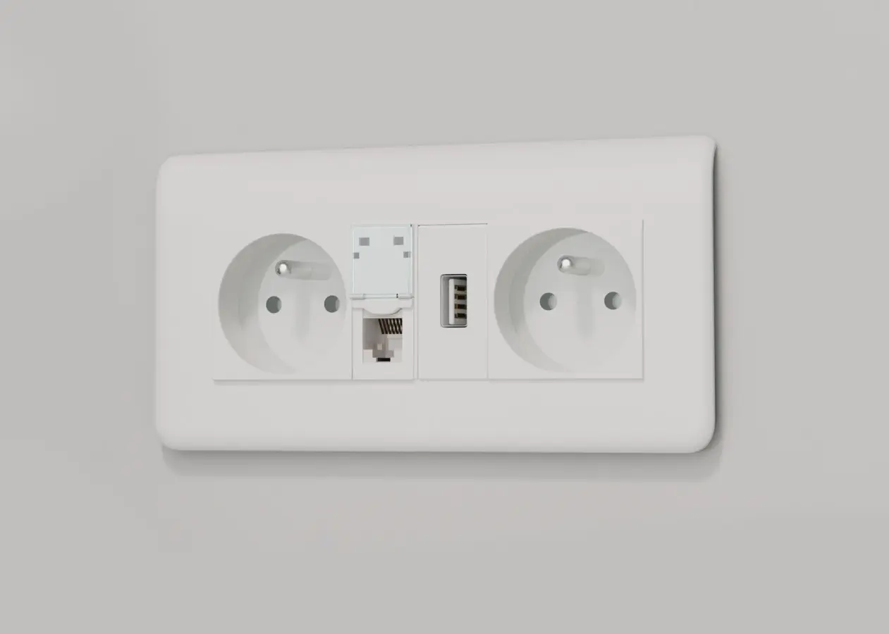 M3 cabin interior detail — media port with USB, 230V and HDMI sockets for 3 people