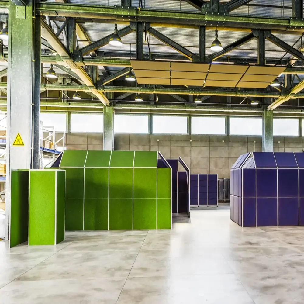 Q acoustic screens — industrial partitions for production hall and warehouse, aluminium frame