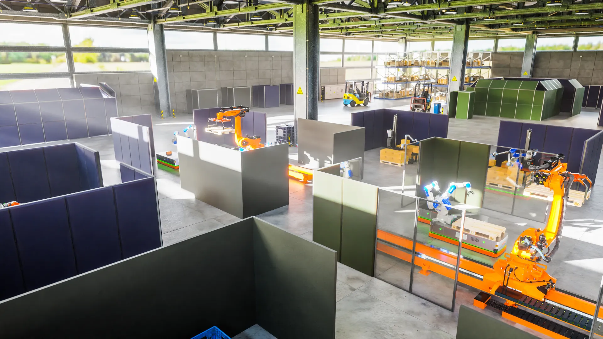 Smart Wall — Visualisierung der raumorganisierenden und schalldämmenden Trennwände in der Halle